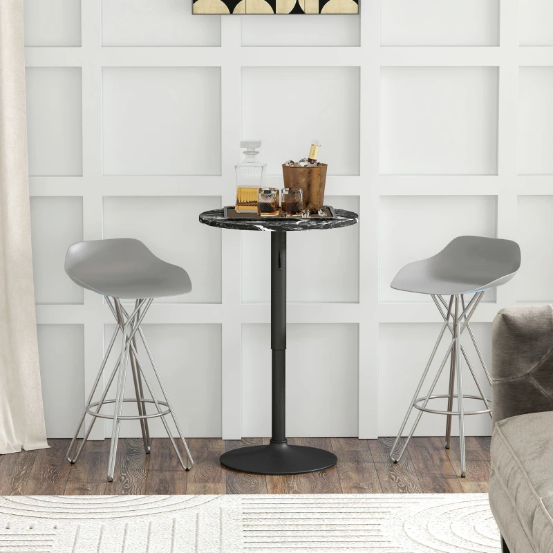 HOMCOM Adjustable Bar Table for 2, Round Pub Table with Steel Base for Home Bar, Small Dining Room, Black Marble