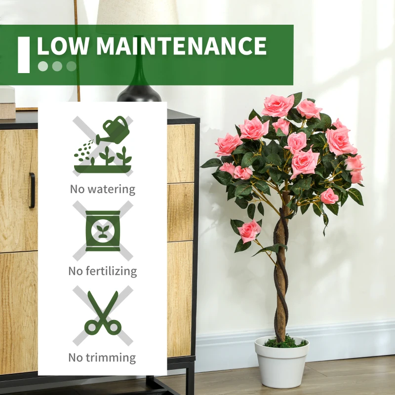 Outsunny 3FT Artificial Plant Pink Rose Floral Set of 2 in Pot, Fake Plant for Home Indoor Decor
