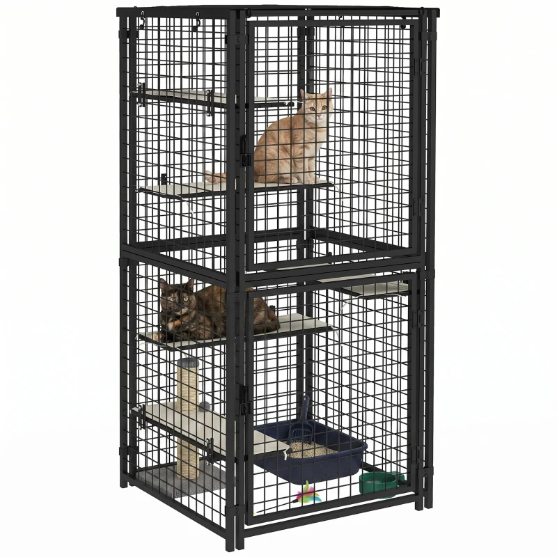 PawHut Cat Cage Multi-Level Catio Steel Outdoor Cat Enclosure w/ UV-and Water Resistant Cover, 5 Platforms, Soft Pads, Black