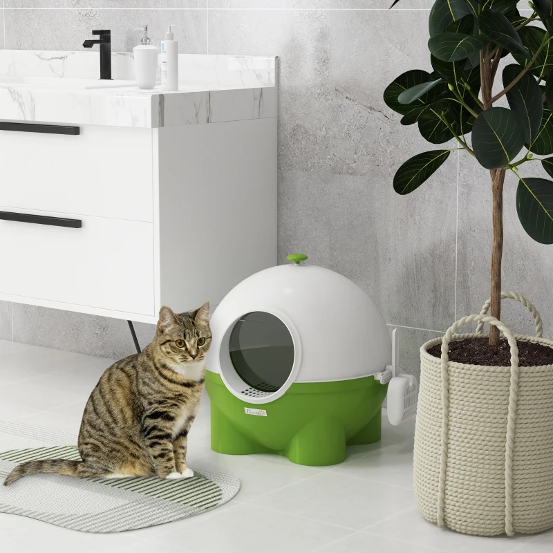 PawHut Hooded Cat Litter Box with Lid, Scoop, Leaking Sand Pedal, Top Handle, Dark Green