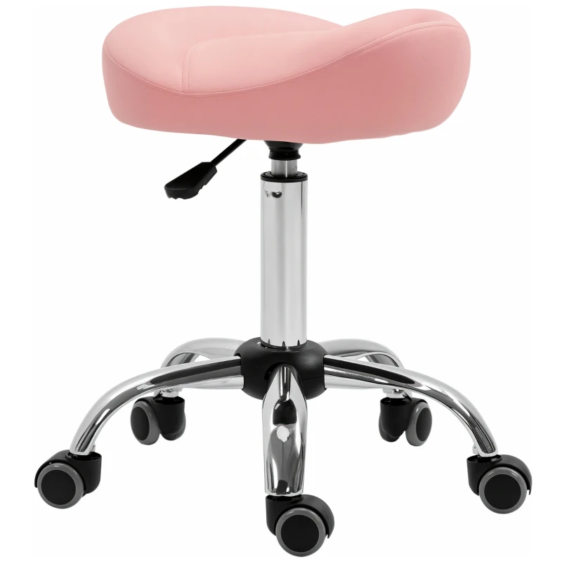 HOMCOM Ergonomic Saddle Stool with Wheels, Adjustable PU Leather Saddle Chair, 360° Swivel, NO Back Pain, Healthy Posture, Salon Chair for Massage Medical Home, Pink