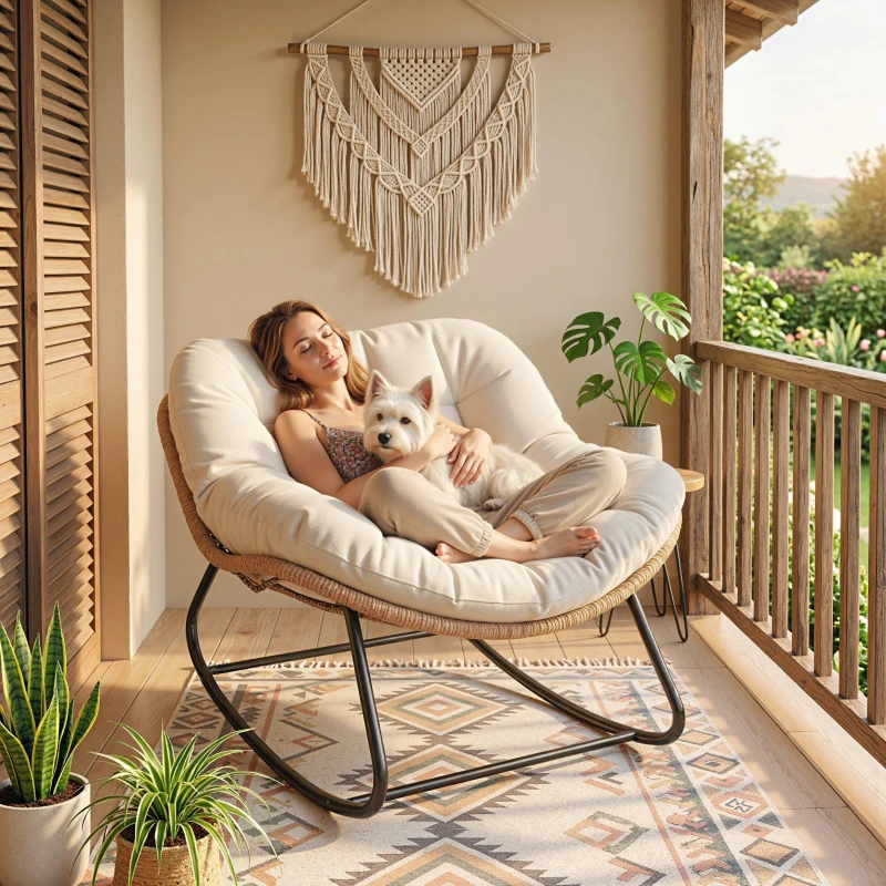 Outsunny Indoor Outdoor Papasan Rocking Chair, Oversized Rocking Egg Chair with Cushion for Garden, Patio, Beige