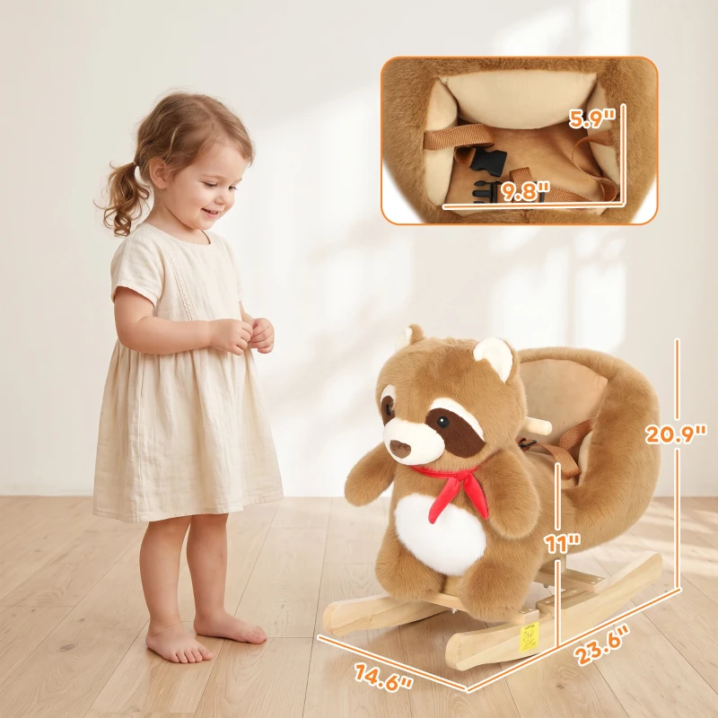 Qaba Raccoon Baby Rocking Horse, Kids Plush Ride-On Toy with Realistic Sounds and Safety Belt, Brown