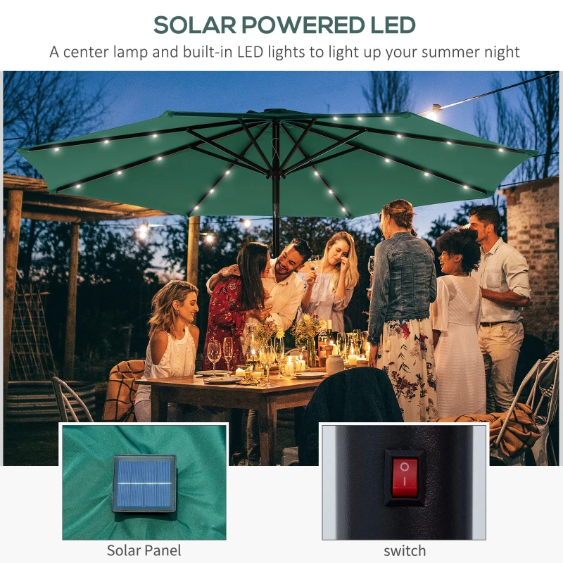 Outsunny 9ft Solar Patio Umbrella Outdoor Sunshade 24 LED Lights Tilt Canopy Green