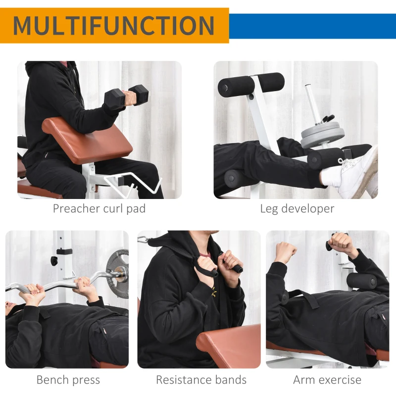 Soozier Multi-Exercise Full-Body Weight Rack with Bench Press, Leg Extension, Chest Fly Resistance Band & Preacher Curl