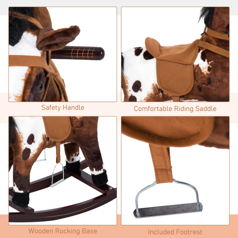 Qaba Kids Wooden Plush Ride-On Rocking Horse Chair Toy with Realistic Sounds Dark Brown/White