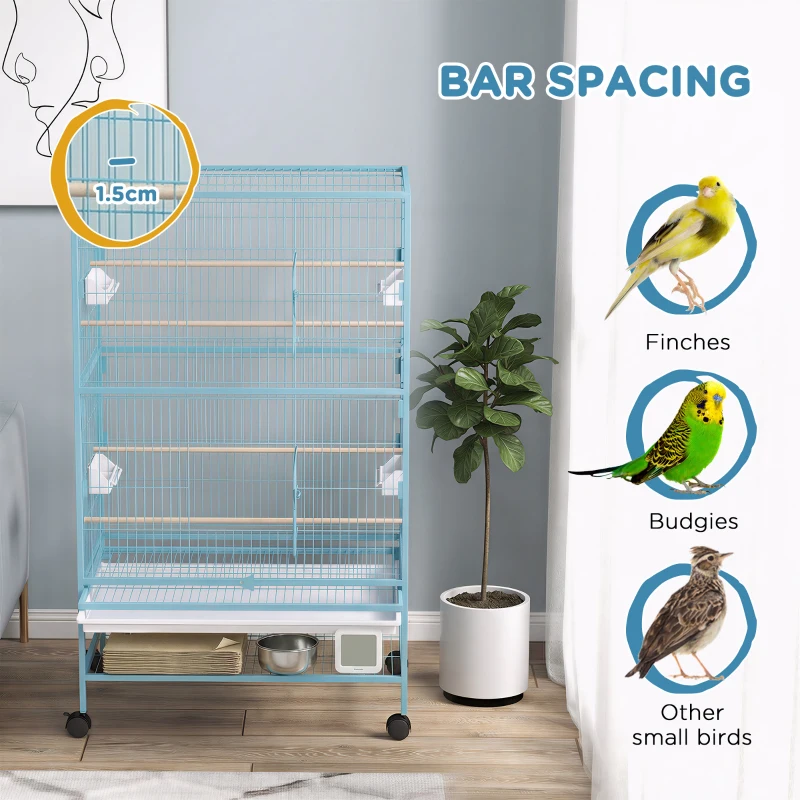 PawHut 52'' Large Rolling Steel Bird Cage Bird House with Rolling Stand, Storage Shelf, Wood Perch, Food Container, Light Blue