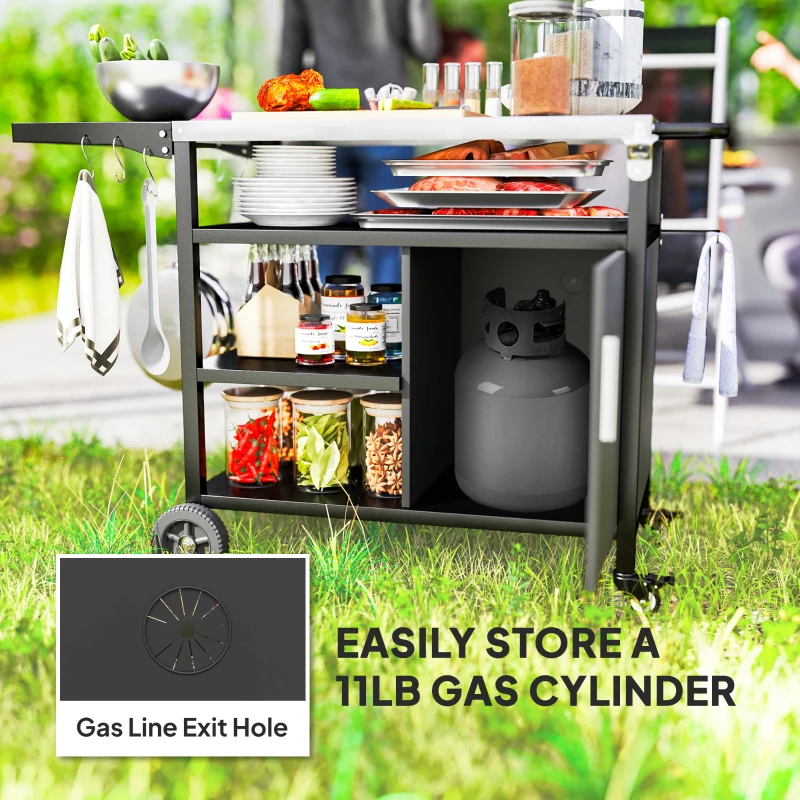Outsunny Outdoor BBQ Stand with Foldable Side Table, Stainless Steel Top, Pizza Oven Table with Wheels Hooks Shelves