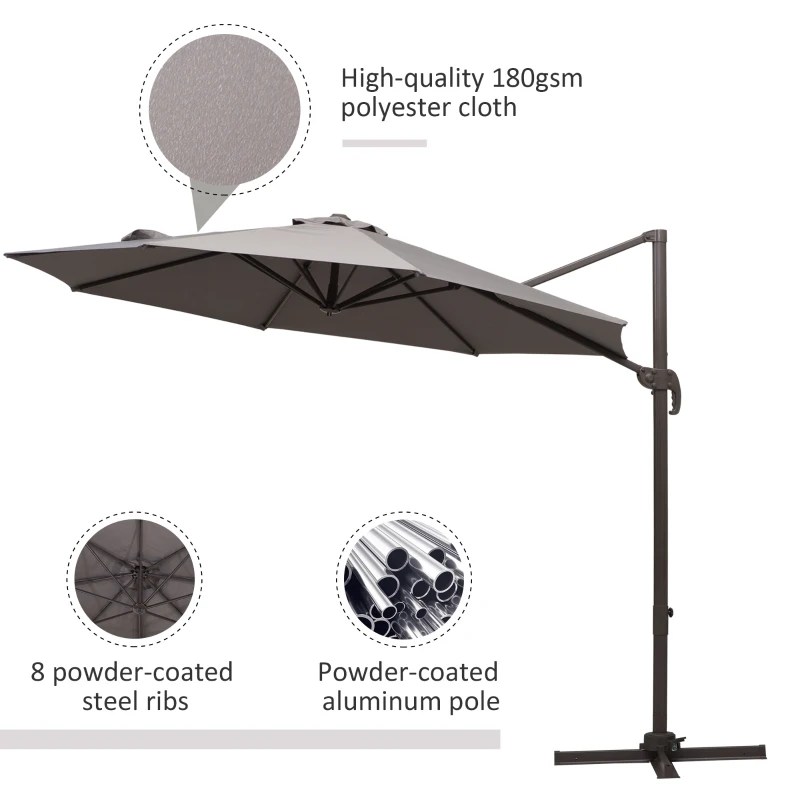 Outsunny 10ft Cantilever Patio Umbrella with 360° Rotation, Crank & Cross Base for Garden Deck Pool Backyard, Grey
