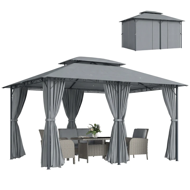 Outsunny 13'L x 10'W x 8.7'H Patio Gazebo Outdoor 2-Tiers Garden Canopy Yard Sunshade Shelter with Curtains, Grey