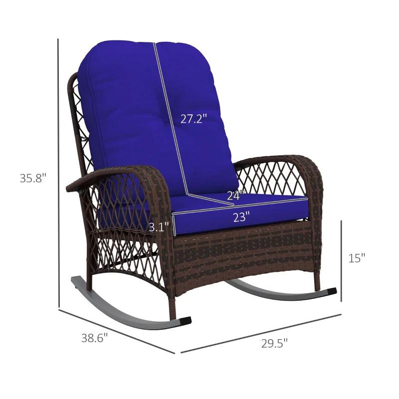 Outsunny Rattan Porch Rocker w/ Plush Cushion, Dark Blue