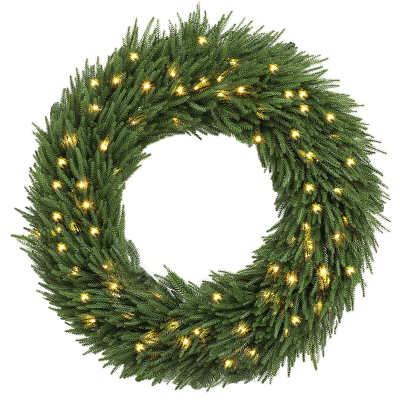 HOMCOM Christmas Decoration, 36 in Pre-Lit Norfolk Pine Artificial Christmas Wreath with 100 LED Lights, Green