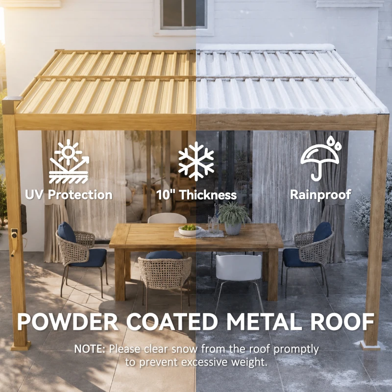 Outsunny 10' x 10' Louvered Pergola with Solar LED lights, Metal Roof, Outdoor Pergola Patio Gazebo with Drainage Gutters, Brown