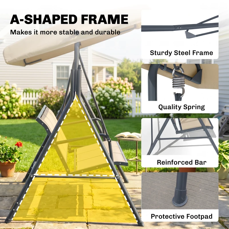 Outsunny 3-Seater Swing Chair Covered Garden Hammock A-Frame Outdoor Porch Glider Sling Seat with Adjustable Canopy Cover, Beige