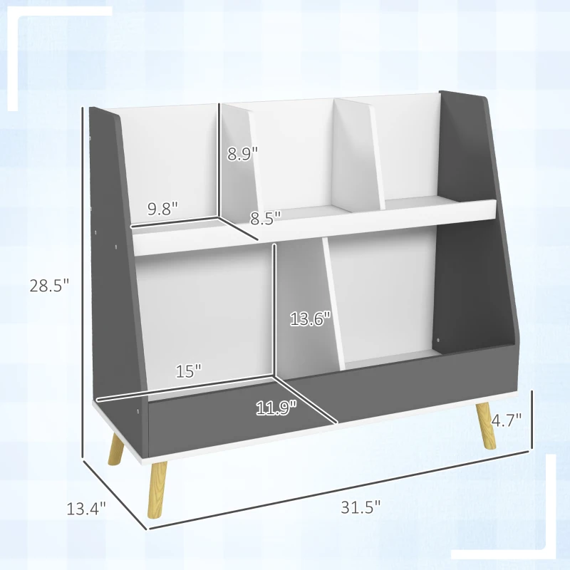 Qaba 2 Tier Kids Bookcase Toy Shelf with 5 Compartments, Anti-tip Device for Nursery, Playroom, Gray