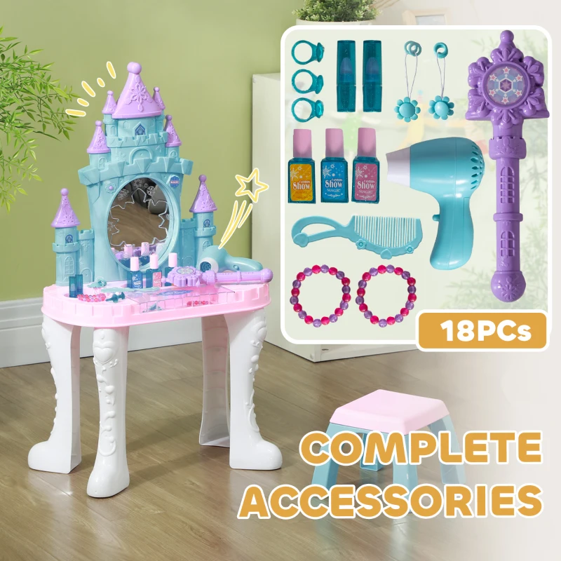 Qaba Kids Vanity Set with Mirror and Stool, Light, Music, Castle Design Makeup Table for Girls 3-6 Years, Multicolor
