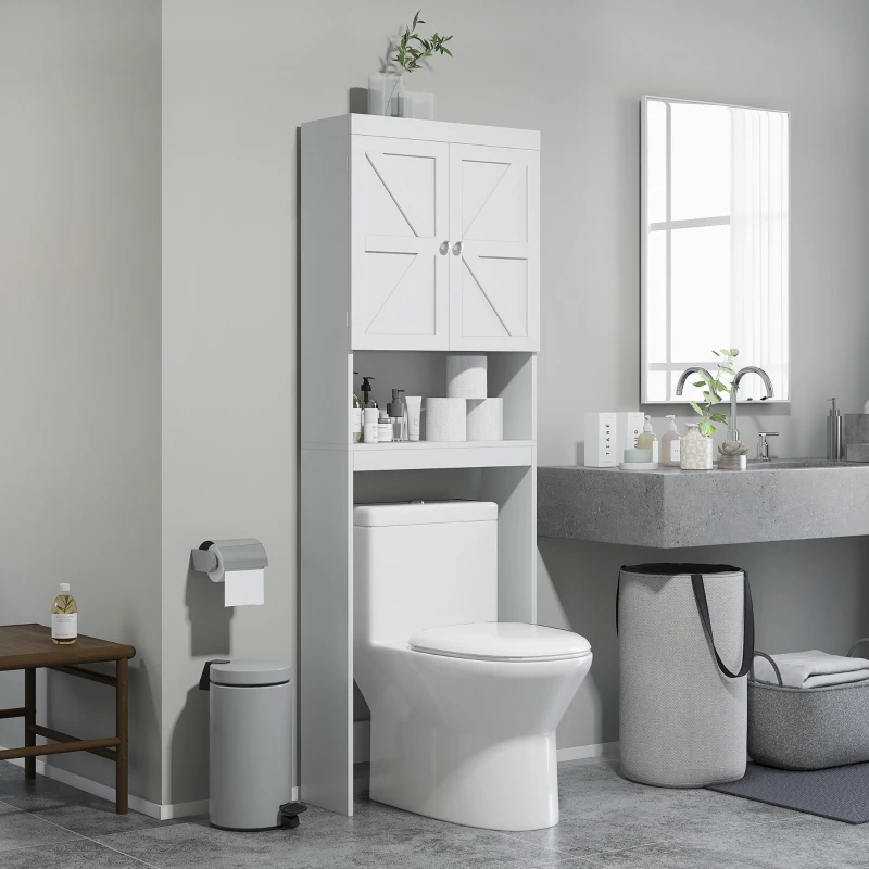 HOMCOM Over The Toilet Storage Shelf, Modern Bathroom Above Toilet Storage with Barn Doors and Open Shelf, White