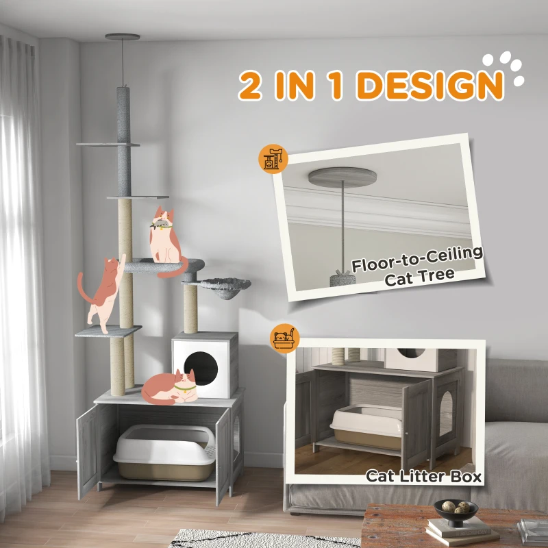 PawHut 2 in 1 Floor to Ceiling Cat Tree with Litter Box Enclosure, Condo, Bed, Hammock, Scratching Posts, and Platforms, Gray