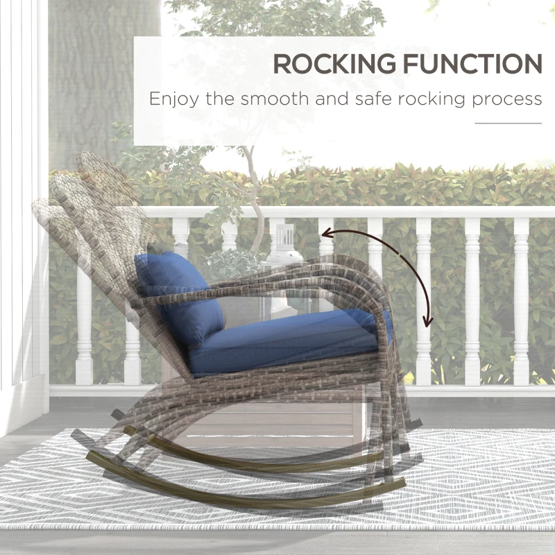 Outsunny Adirondack Chair, Outdoor Wicker Rocking Chair with High Back, Seat Cushion, and Pillow for Porch, Balcony, Dark Blue