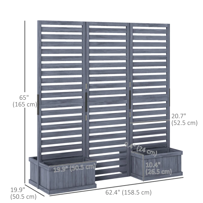 Outsunny Outdoor Privacy Screen Wood Privacy Panel with 4 Planter Boxes, Raised Bed with 3 Panels, Drainage Holes, Grey