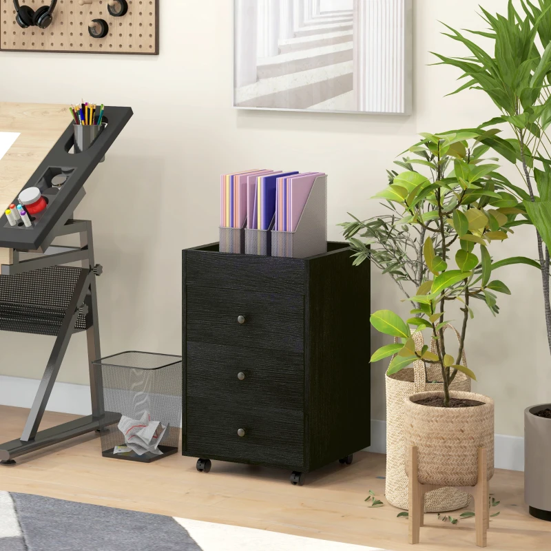 HOMCOM 3 Drawer File Cabinet on Wheels Mobile Home Office Storage Cabinet with Top Tray Under Desk Printer Stand, Walnut