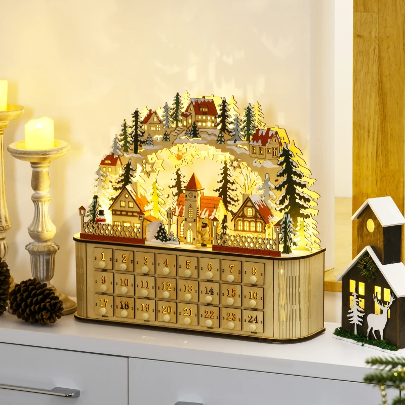 HOMCOM Christmas Advent Calendar, Countdown to Christmas Table Decoration with 24 Drawers, Lights, Battery Operated
