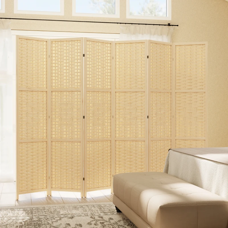HOMCOM 6-Panel Room Divider, 5.6 FT Freestanding Folding Privacy Screen, Partition Wall Divider, Natural Wood