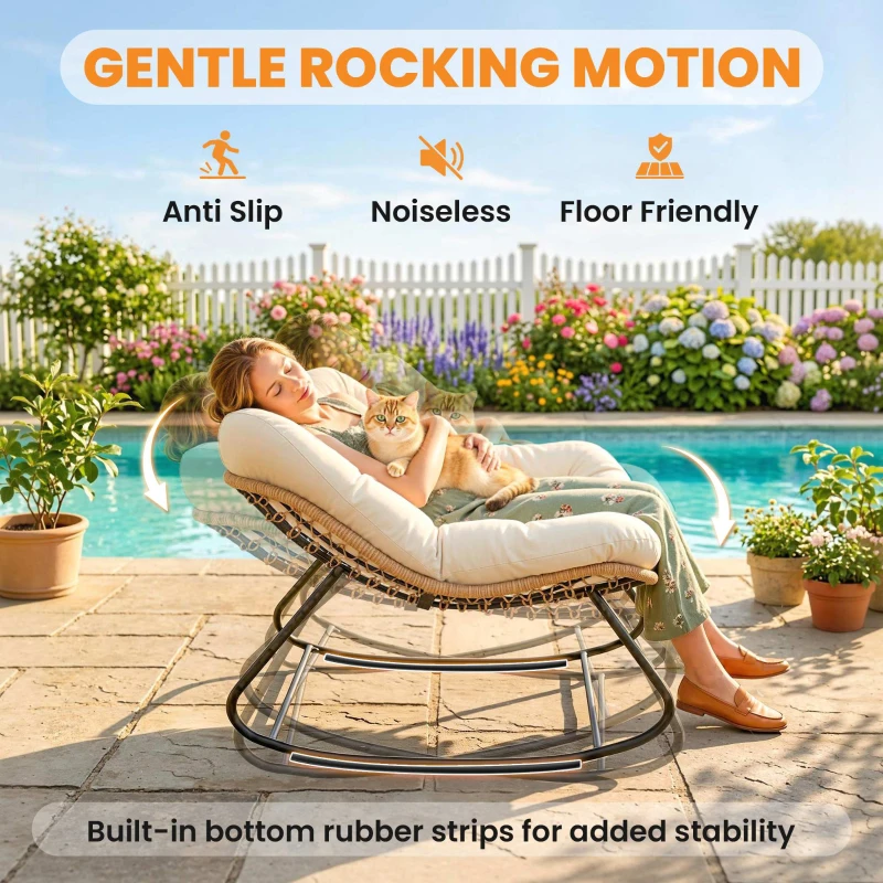 Outsunny Indoor Outdoor Papasan Rocking Chair, Oversized Rocking Egg Chair with Cushion for Garden, Patio, Beige