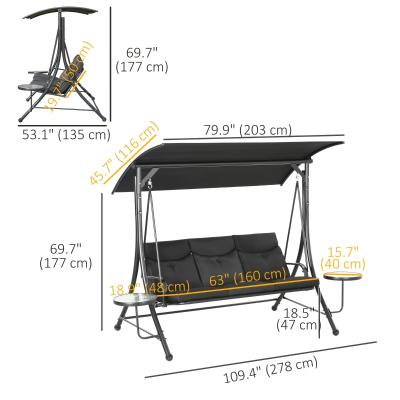 Outsunny 3 Seat Outdoor Swing Chair Steel Swing Bench Porch Swing With Adjustable Canopy & Coffee Tables & Cushion for Patio Garden, Black