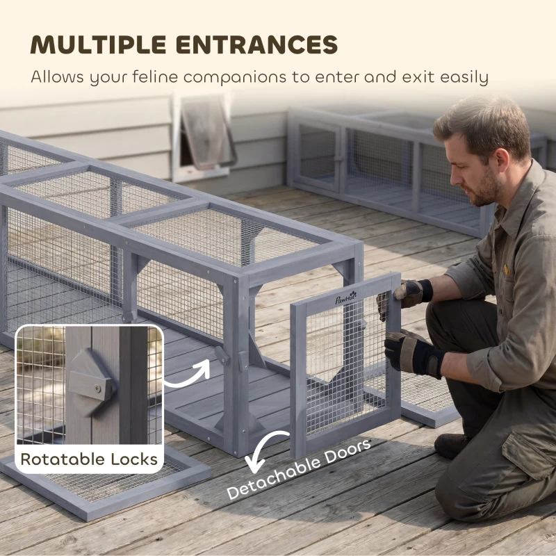 PawHut 79" Long Cat Tunnel, Cat shelter L- Shape with Extendable Design for Indoor/Outdoor Use with Removable Door, Light Grey