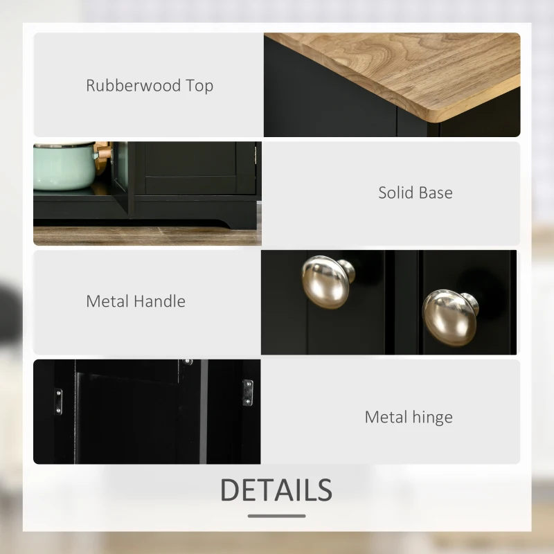 HOMCOM Kitchen Storage Cabinet, Sideboard Floor Cupboard with Solid Wood Top, Adjustable Shelf, and 3 Drawers, Black