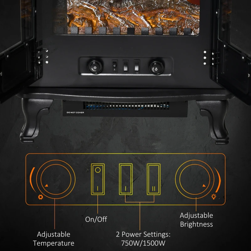 HOMCOM Electric Fireplace Stove Heater with LED Fire Flame Effect, Double Door, Freestanding & Portable with Overheat Protection, 750W/1500W, Black