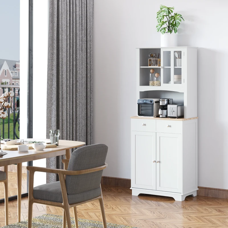 HOMCOM Freestanding 67" Kitchen Buffet with Hutch, Pantry Cabinet with Microwave Stand, Adjustable Shelf, 2 Drawers, Cupboard, White