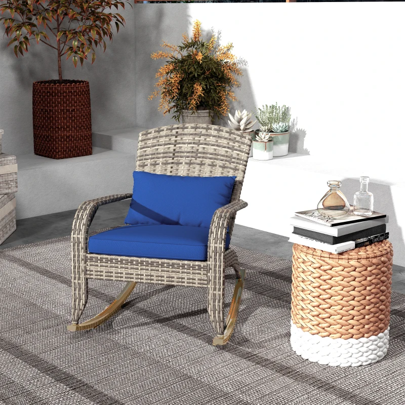 Outsunny Adirondack Chair, Outdoor Wicker Rocking Chair with High Back, Seat Cushion, and Pillow for Porch, Balcony, Dark Blue