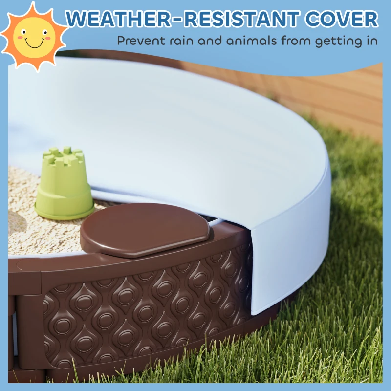 Qaba 47" Round Kids Sandbox with Cover, 3 Seats, Waterproof Bottom Liner, for Backyard, Lawn, Garden, Beach, Patio, Brown