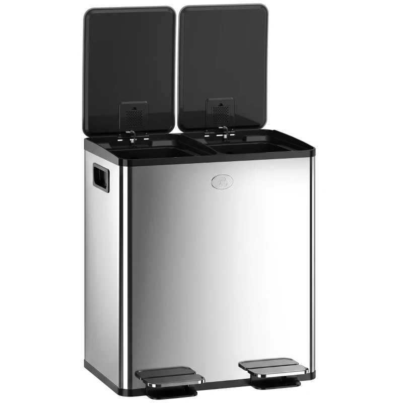 HOMCOM Garbage Bin, Soft-Close Trash Can with Foot Pedal, 2x5 Gal (2x20 L) Garbage Can with Removable Inner Buckets, Silver