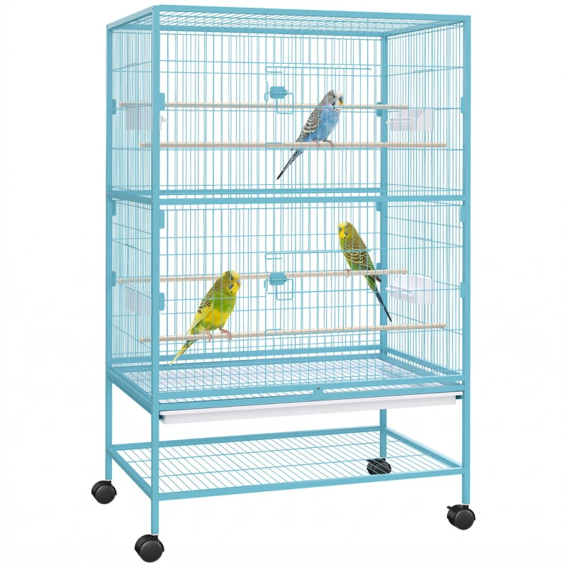 PawHut 52'' Large Rolling Steel Bird Cage Bird House with Rolling Stand, Storage Shelf, Wood Perch, Food Container, Light Blue