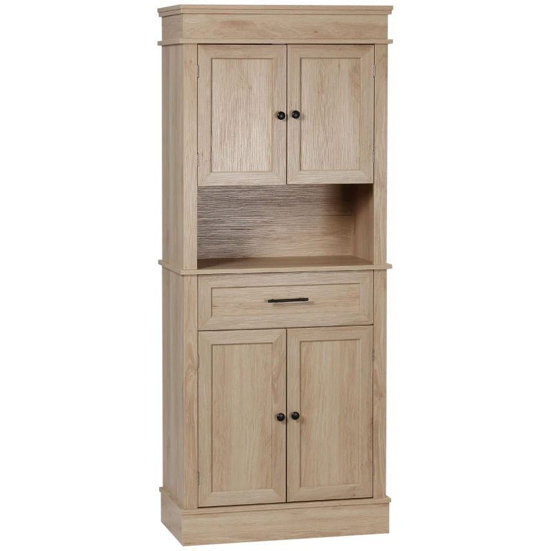 HOMCOM Modern Freestanding Kitchen Pantry Cabinet with Doors Open Shelves Adjustable Shelving Microwave Space, Oak