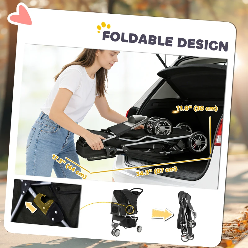 PawHut 3 Wheels Foldable Dog Stroller with Storage Basket, Adjustable Canopy, Cupholder for Miniature and Small Dogs, Black