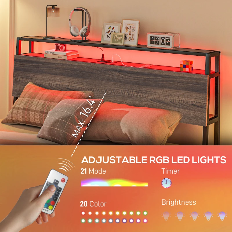 HOMCOM Queen Size Bed Frame with LED Lights and Charging Station, Queen Bed Frame with Storage Headboard, Noise-Free, Walnut