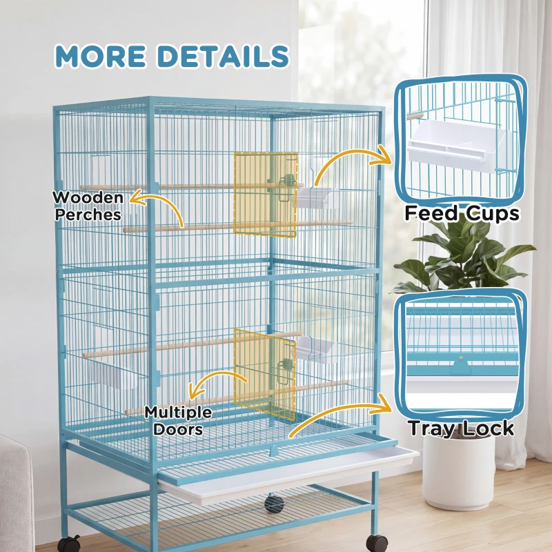 PawHut 52'' Large Rolling Steel Bird Cage Bird House with Rolling Stand, Storage Shelf, Wood Perch, Food Container, Light Blue