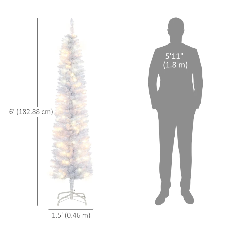 HOMCOM 6ft Tall Prelit Pencil Artificial Christmas Tree, Holiday Décor with 395 Realistic Branches, 100 LED Lights, Foldable Metal Base, White