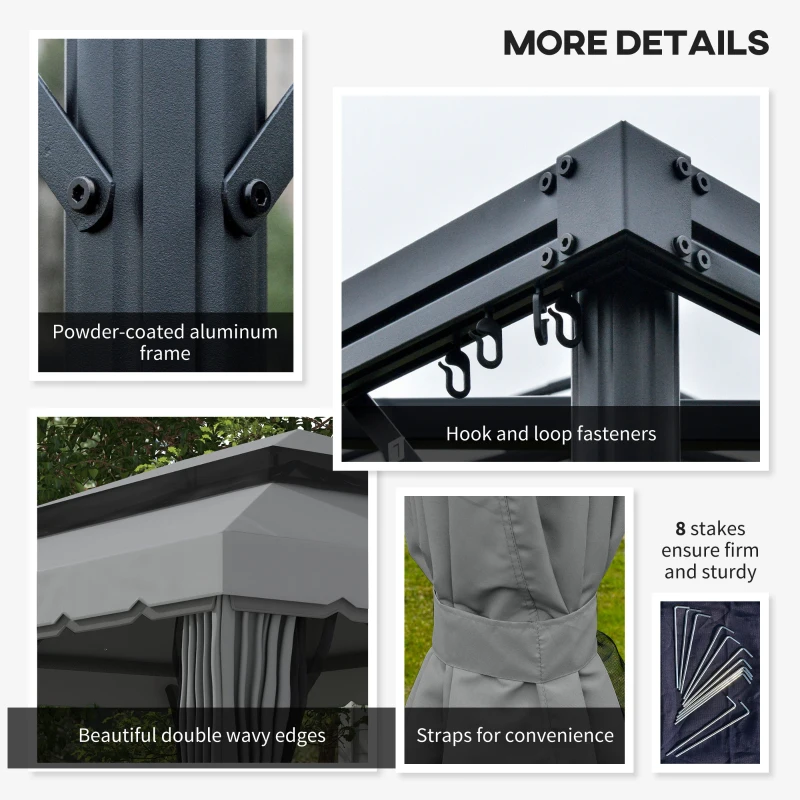 Outsunny 10' x 13' Patio Gazebo w/ Aluminum Frame Double Roof, Outdoor Gazebo Canopy Shelter with Netting & Curtains, Gray