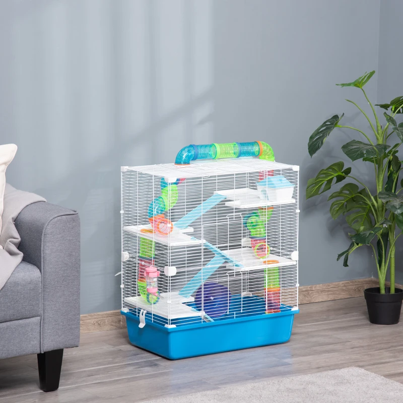 PawHut 23" 5-Tier Hamster Cage with Wheel and Water Bottle, Blue