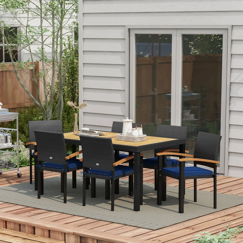 Outsunny Patio Table and Chairs Outdoor Dining Set w/ Acacia Wood Table Top, Cushions, for Backyard, Balcony, Garden, Black