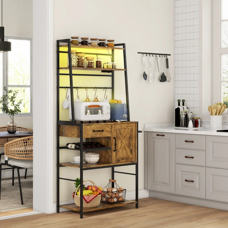HOMCOM Industrial Kitchen Shelves with Charging Station and LED Lights, Kitchen Storage Rack with Barn Door, Rustic Brown
