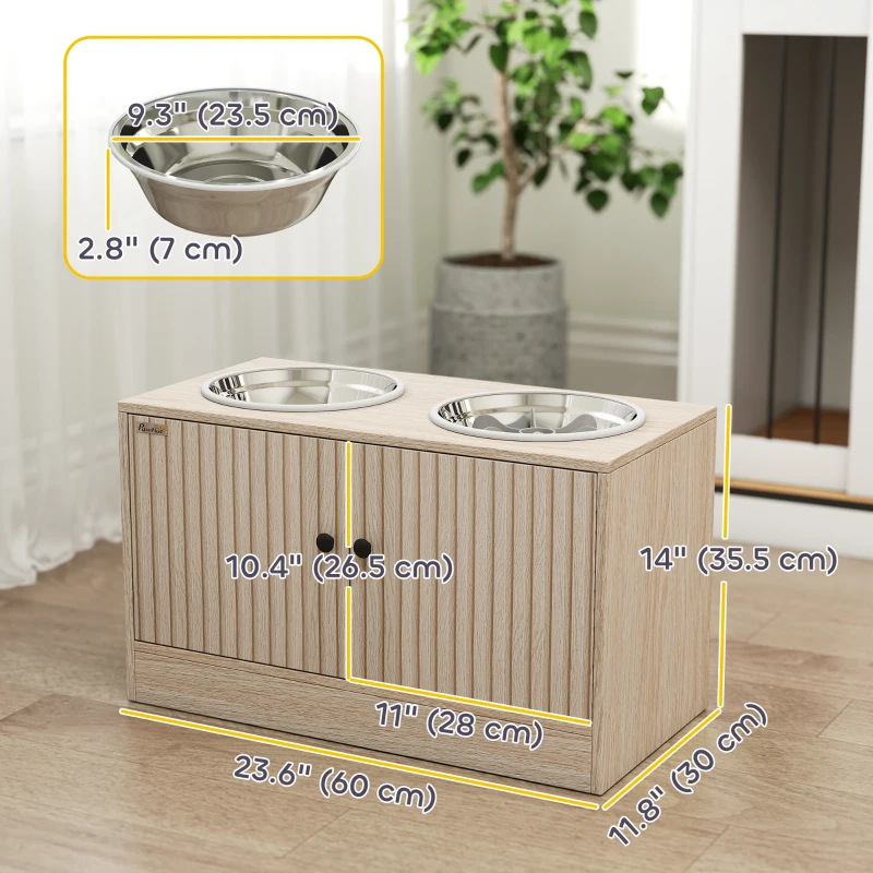 PawHut Raised Dog Bowls with Storage, Slow Feeder,  2 Stainless Steel Food and Water Bowl Non-Slip, Oak