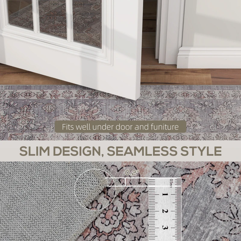 HOMCOM Machine Washable Area Rug 5x7, Non-Slip Traditional Flower Print Floor Carpet for Living Room, Bedroom, Grey and Brown