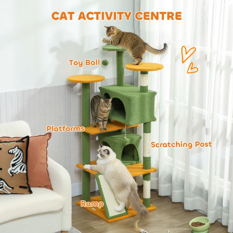 PawHut 54" Cat Tree, Multi-Level Cat Tower with Scratching Posts, Cat Condos, Bed, Platforms, Ramp, Toy Ball, Green