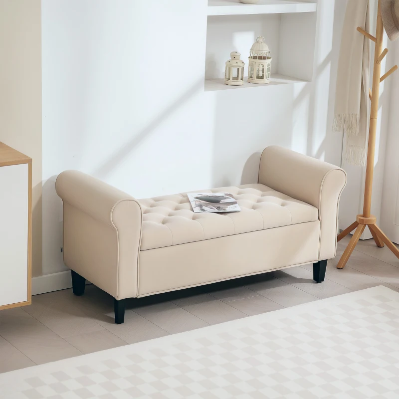 HOMCOM 50 Inches Storage Ottoman, Upholstered Bedroom Bench with Rolled Arms and Button Tufted Storage, Beige